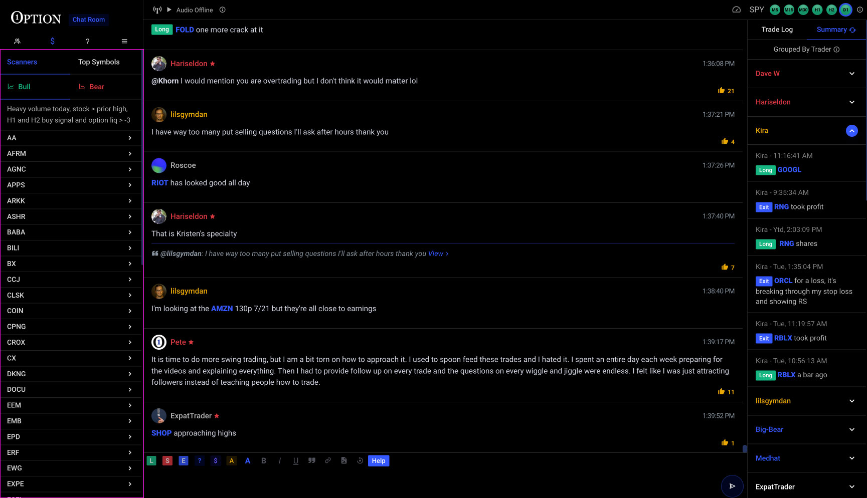 Built-in Scanners give you a competitive edge like never before as you dive into the world of Relative Strength and Weakness trading. Our chat room offers not just one, but two powerful scanners designed to filter through the vast universe of stocks. The Bullish Scanner identifies promising candidates for long trades, while the Bearish Scanner focuses on shorting opportunities. Brace yourself for a constant stream of potential trades, uniquely tailored to align with the laser-focused trading method taught and practiced within the chat room and unlock a world of trading opportunities found nowhere else in the world.