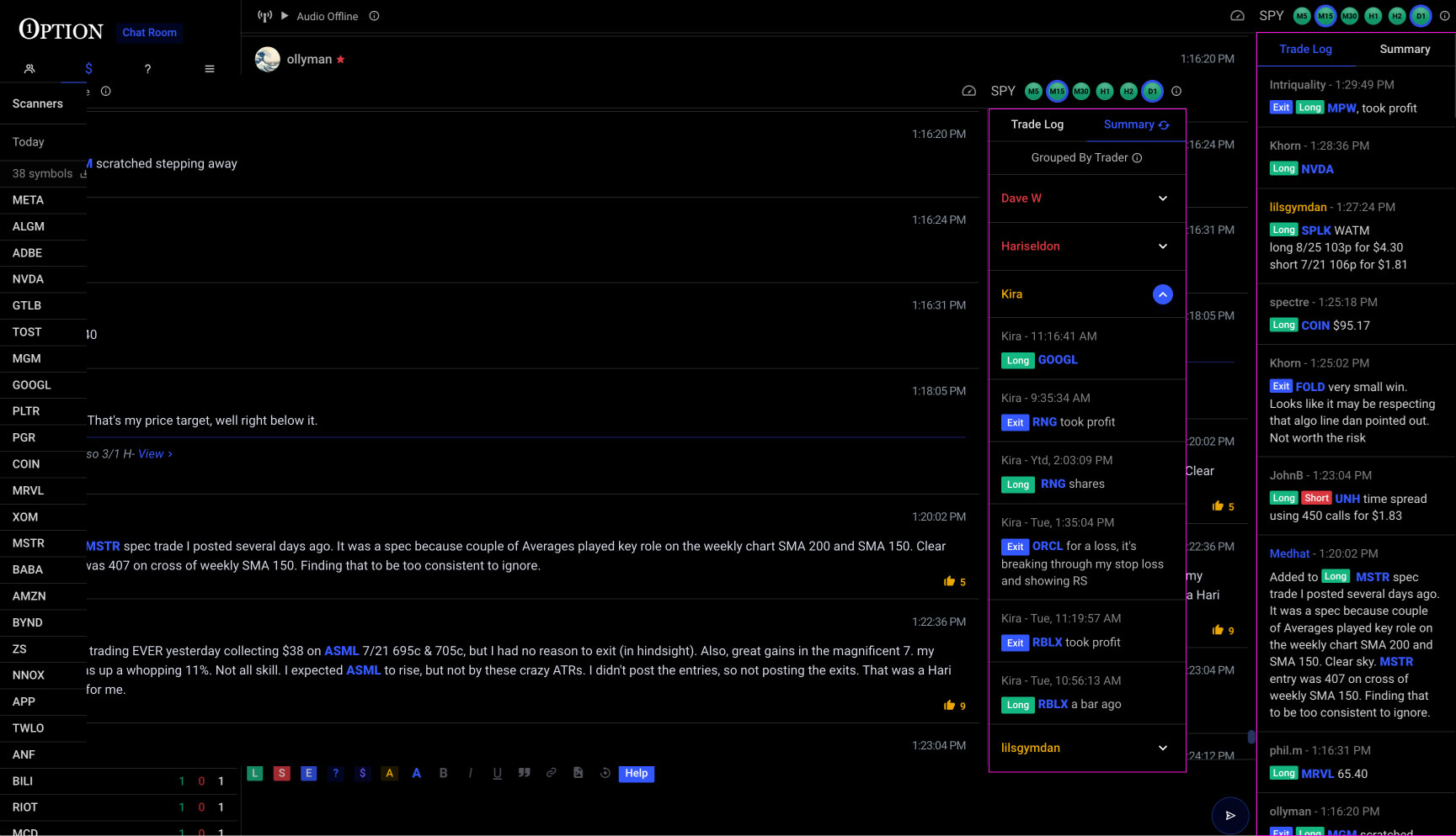 The Chat Room's Consolidated Trade Log is an advanced feature designed exclusively for our laser-focused trading chat room. With this tool, trade tracking and review have never been easier. The Trade Log isolates chat room messages that include trade entries or exits, giving traders a streamlined and efficient way to monitor trades by fellow members, reducing information overload during market hours and to help you embrace a focused view of trades that matter. Conveniently sort trades by trader for seamless analysis and comparison to further boost your trading efficiency and stay ahead of the game.