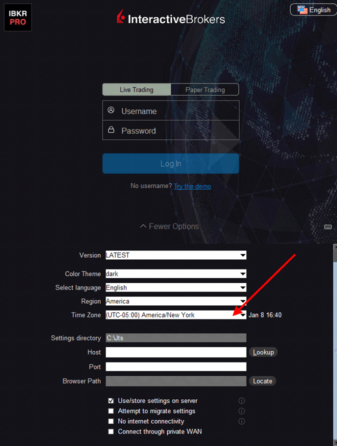 Timezone settings in TWS login settings